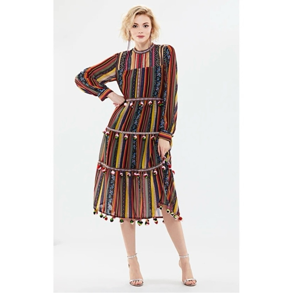 Brach Brach • Pom Pom Embroidered Long Sleeve Midi Dress Size Large